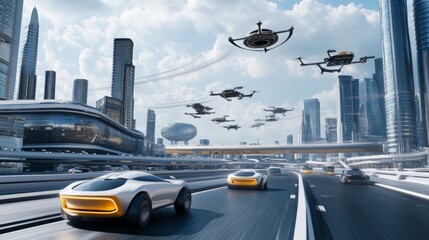 Futuristic cityscape featuring advanced transportation technology. Autonomous vehicles and flying drones dominate the skyline. A perfect blend of innovation and modern living. AI
