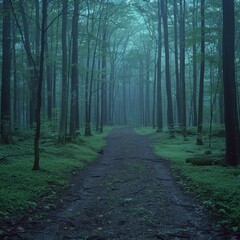 Fototapeta premium Misty path through Aokigahara forest with towering trees