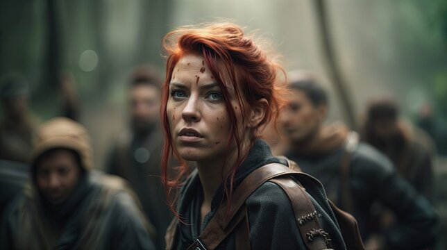 a close-up of a female character with red hair, wearing a fantasy outfit a forest background. She has a determined look on her face.