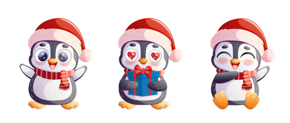 Set of vector Christmas penguin characters. A penguin character on a white background for the design of a Christmas card, invitation, poster. Vector illustration.