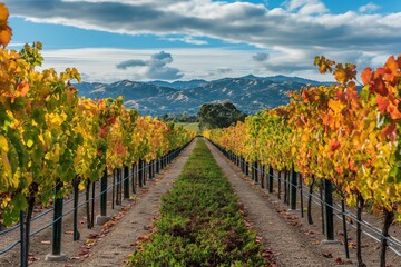 Pathway leading through rows of grapevines changing color in autumn vineyard with mountain landscape