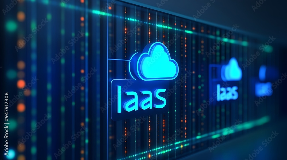 Poster futuristic data center concept of iaas cloud computing technology represented by illuminated icons a