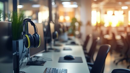 Headset and customer support equipment neatly arranged at a call center, ready for active service.