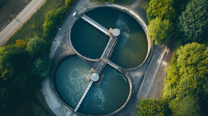 Aerial view of modern sewage treatment plant, filtration of dirty or sewage water. wastewater treatment plant
