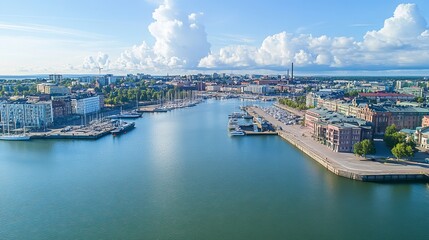 Obraz premium Helsinki The Helsinki cityscape, featuring the waterfront and port area, showcasing the blend of modern architecture and historic buildings along the picturesque coastline of Finland's capital.