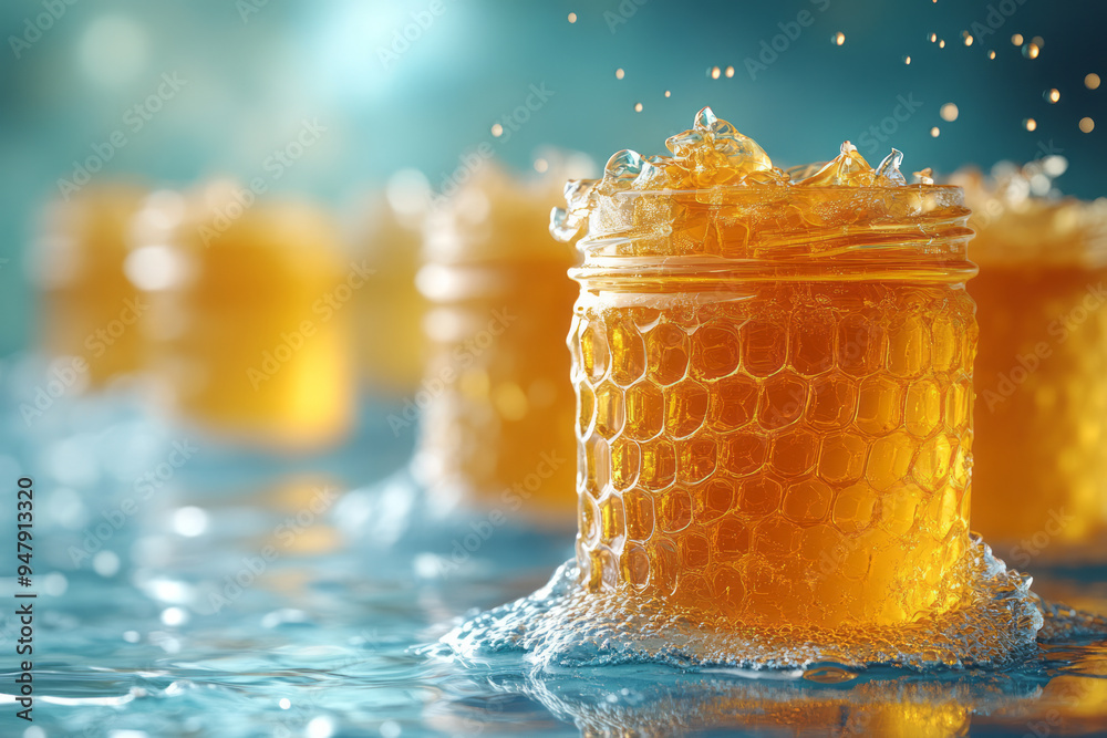 Poster abstract jars of honey with fragmented honeycombs on a pastel green background,