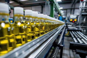 Conveyor belt transporting glass bottles full of olive oil in a modern food processing factory