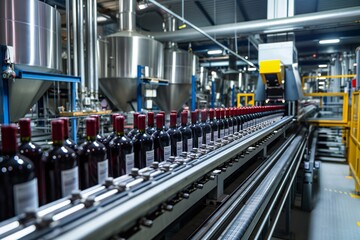 Fototapeta premium Wine bottles smoothly glide on conveyor belt in busy factory, showcasing modern technology and efficiency of production line
