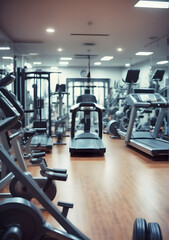 Fototapeta premium A blurry image of a gym, showing fitness tools and equipment with no humans included