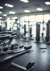 Fototapeta premium A blurry image of a gym, showing fitness tools and equipment with no humans included