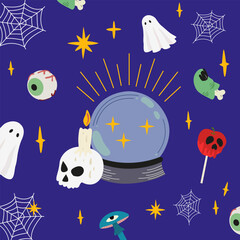 Halloween pattern. Happy Halloween vector background in flat style. A skull with a candle for various magical rituals and a magical glass layer
