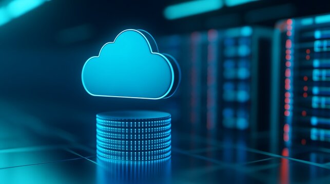Futuristic server room with a glowing cloud icon, representing cloud computing, data storage, and network technology.