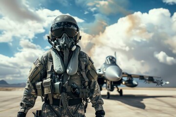 Military pilot in full gear standing confidently in front of a fighter jet on the runway