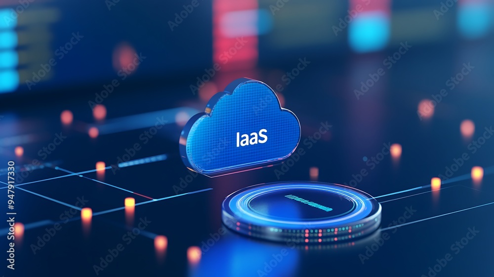 Poster iaas concept image showing cloud computing infrastructure on a digital background with neon colors a