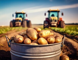 metal bucket filled with freshly harvested potatoes in the foreground, with two tractors