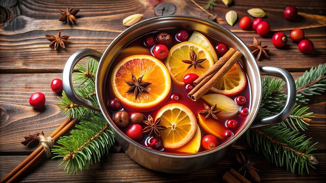 Steaming pot of hot cider wassail with sliced fruits and whole spices for cozy winter dinners, hot cider, wassail