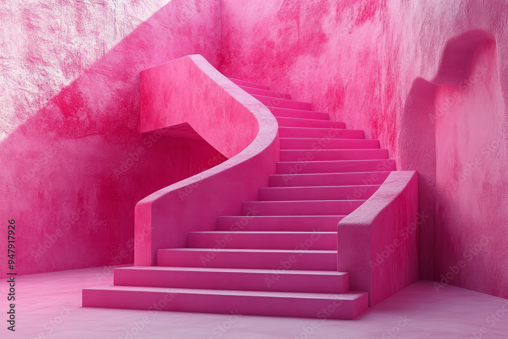 Poster fragmented upward steps forming geometric patterns on a pastel pink surface,