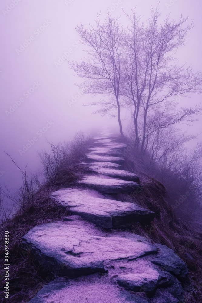 Poster abstract paths through forests dissolving into a pale lavender landscape,