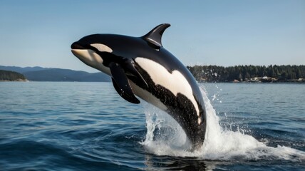 Fototapeta premium Jumping orca whale, ocean splash, transparent background 