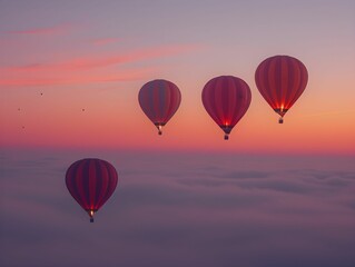 Obraz premium Colorful hot air balloons floating gracefully at sunset over a misty landscape with a beautiful gradient sky