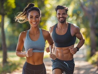 Active young couple jogging together in a sunlit park during the morning, enjoying exercise and nature's beauty