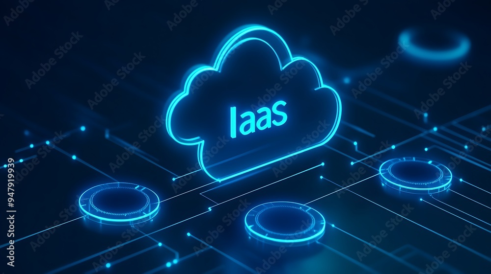 Poster neon cloud computing concept image showing iaas infrastructure as a service with digital blue circui