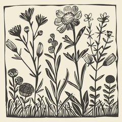 Wild flowers linocut vector illustration with grunge texture. Monochrome linear woodcut illustration. 