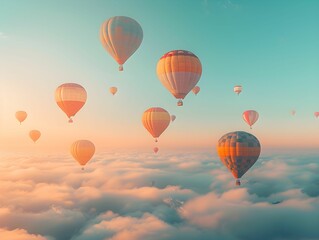 Naklejka premium Colorful hot air balloons soaring over a serene landscape at sunrise, creating a peaceful atmosphere above the clouds