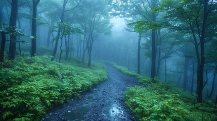 Fototapeta premium Misty path through Aokigahara Forest in the early morning light
