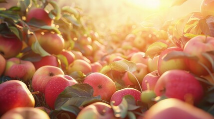 Golden Hour Harvest Stunning Panoramic Image of Ripe Apples at Sunrise or Sunset Symbolizing Growth...