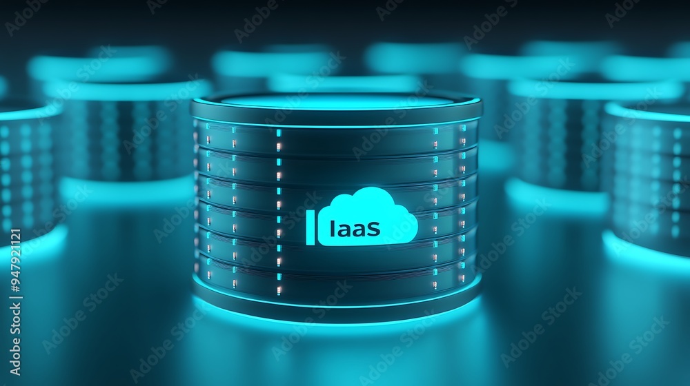 Poster neon-lit data servers displaying 'iaas' cloud computing service, showcasing modern technology and in