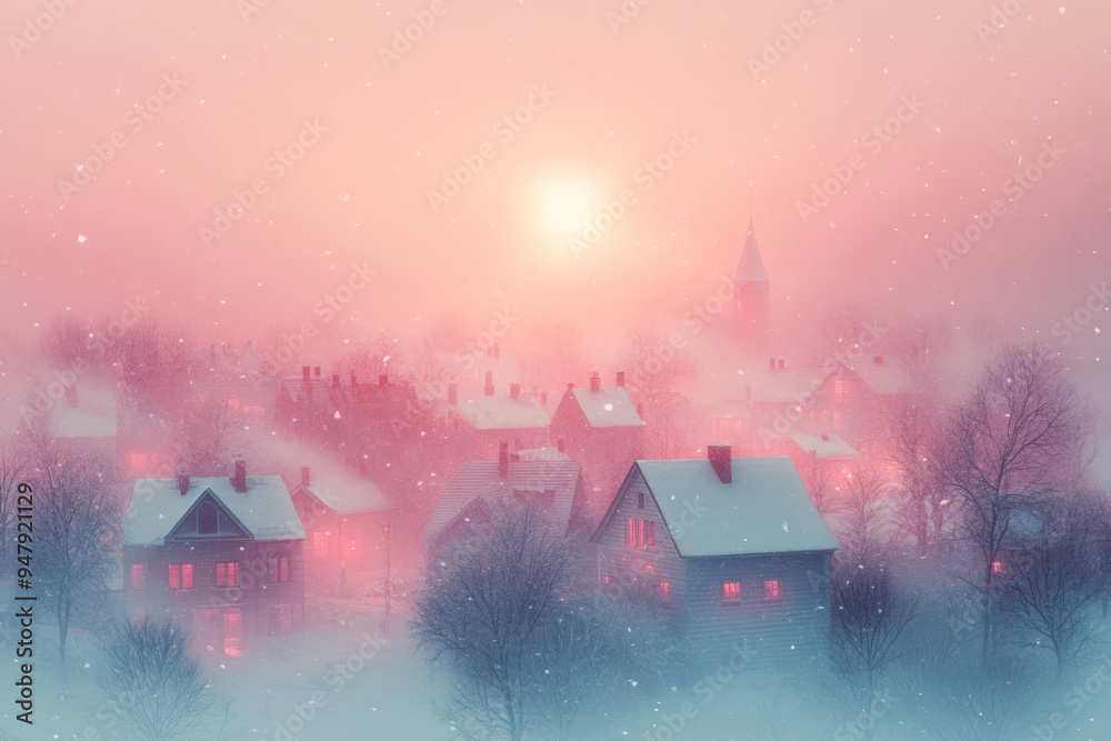Poster abstract snow-covered rooftops dissolving into a pale red evening,