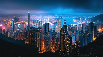 Night Skyline View of Hong Kong