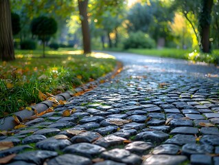 A winding cobblestone path surrounded by lush greenery and autumn leaves in a tranquil park during a sunny afternoon