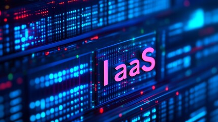 Fototapeta premium Technology infrastructure concept represented by IaaS in bright neon text over a background of digital data storage servers.