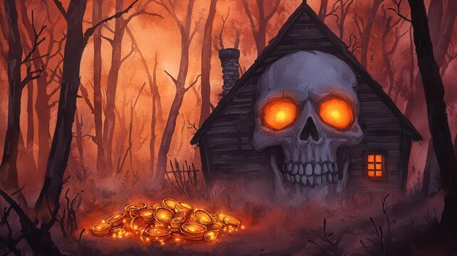 Haunted pirate hideout, glowing treasure, eerie mist, Watercolor style