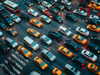 Busy city intersection filled with yellow taxis and diverse vehicles during evening rush hour in an urban setting
