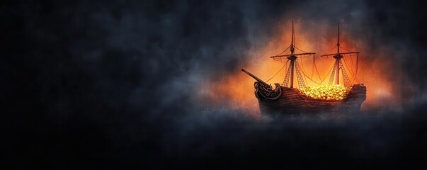 Abandoned pirate ship, glowing with cursed gold, eerie fog, Watercolor style