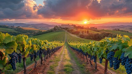 Naklejka premium Ripe grapes in a scenic vineyard in Tuscany at sunset