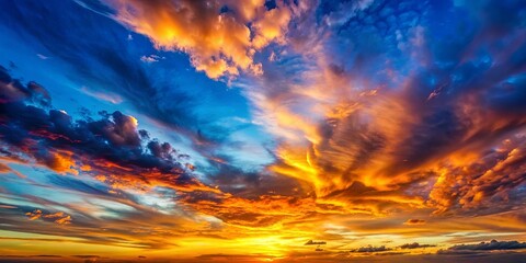 Fototapeta premium Summer sunset sky landscape panorama with colorful clouds in blue, red, yellow, and orange hues , sunset, sky, landscape, panorama