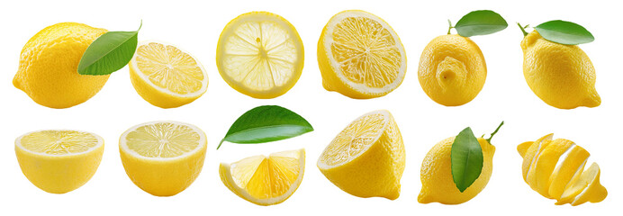 Whole and sliced lemons with vibrant yellow color isolated on transparent background