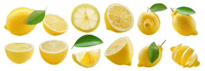 Whole and sliced lemons with vibrant yellow color isolated on transparent background