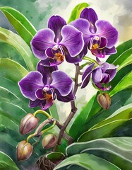 Watercolor illustration of a bouquet of purple Phalaenopsis orchids. There are both buds and flowers.