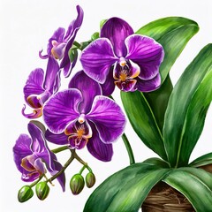 Watercolor illustration of a bouquet of purple Phalaenopsis orchids. There are both buds and flowers on a white background.