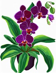 Watercolor illustration of a bouquet of purple Phalaenopsis orchids. There are both buds and flowers on a white background.