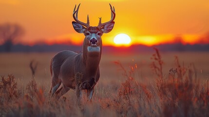 Silhouette of majestic whitetail deer buck at sunset in Texas field