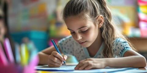 Girl learning math at school, education concept 