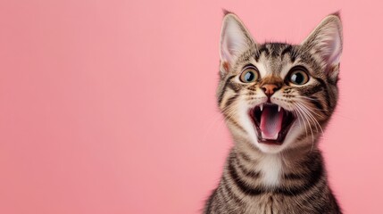 Obraz premium Tabby kitten meowing on pink background with copy space