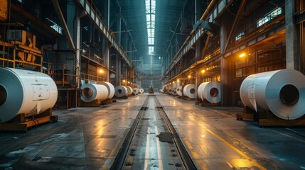 Fototapeta premium Industrial Giants Massive Paper Rolls in Motion at a Modern Paper Mill