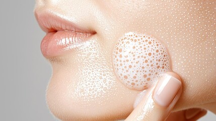 Fototapeta premium Teenage girl with acne on her cheeks, using a gentle facial cleanser